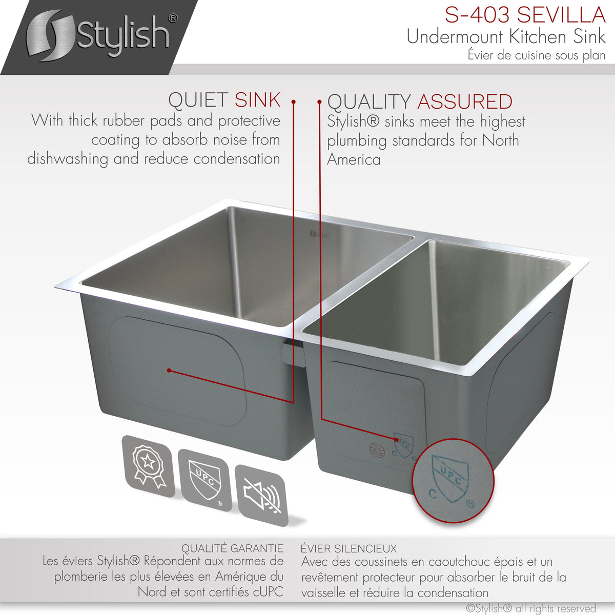 Stylish Sevilla 28" Undermount Double Bowl Kitchen Sink 18 Gauge Stainless Steel with Standard Strainers Set of Three S-403-3
