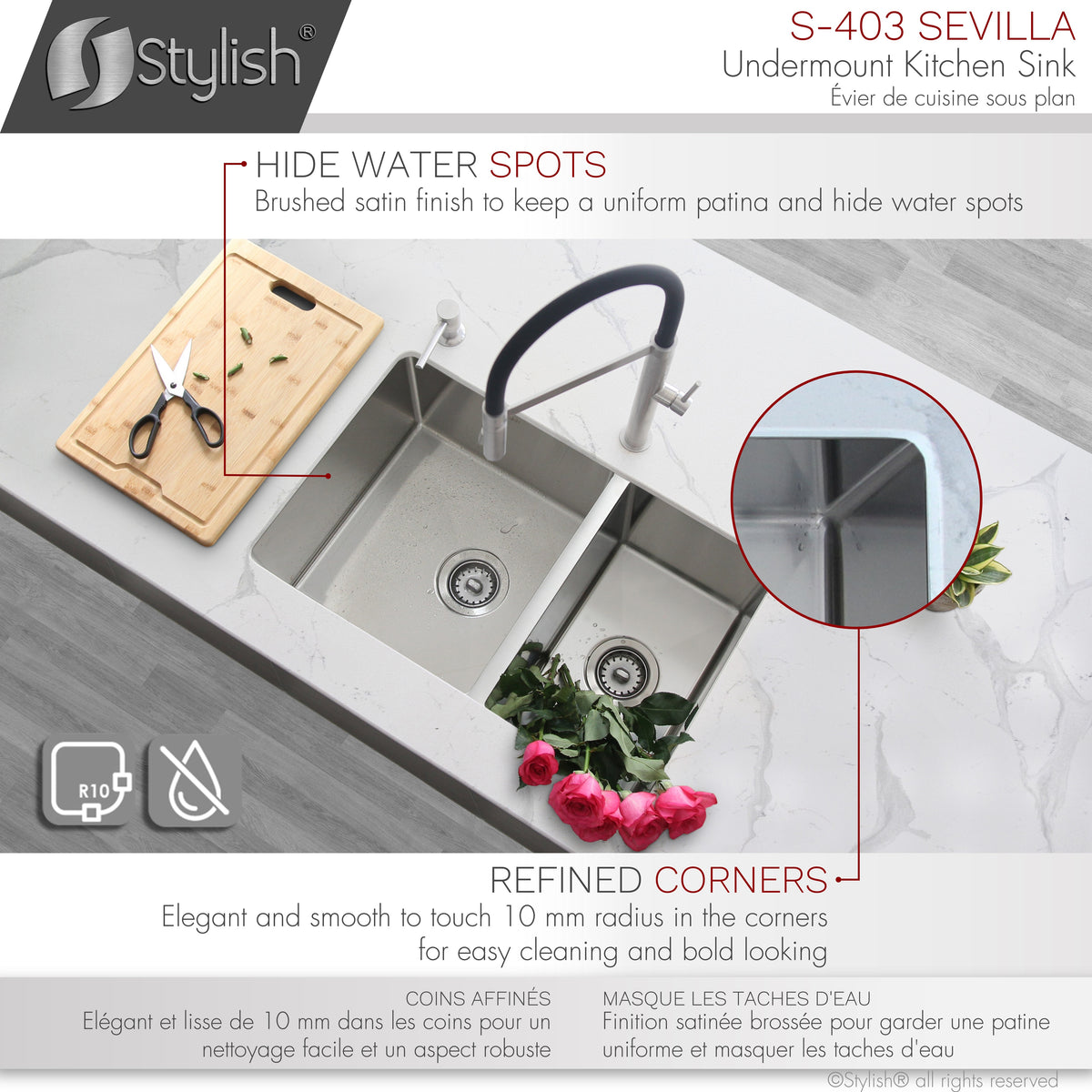 Stylish Sevilla 28" Undermount Double Bowl Kitchen Sink 18 Gauge Stainless Steel with Standard Strainers Set of Three S-403-3