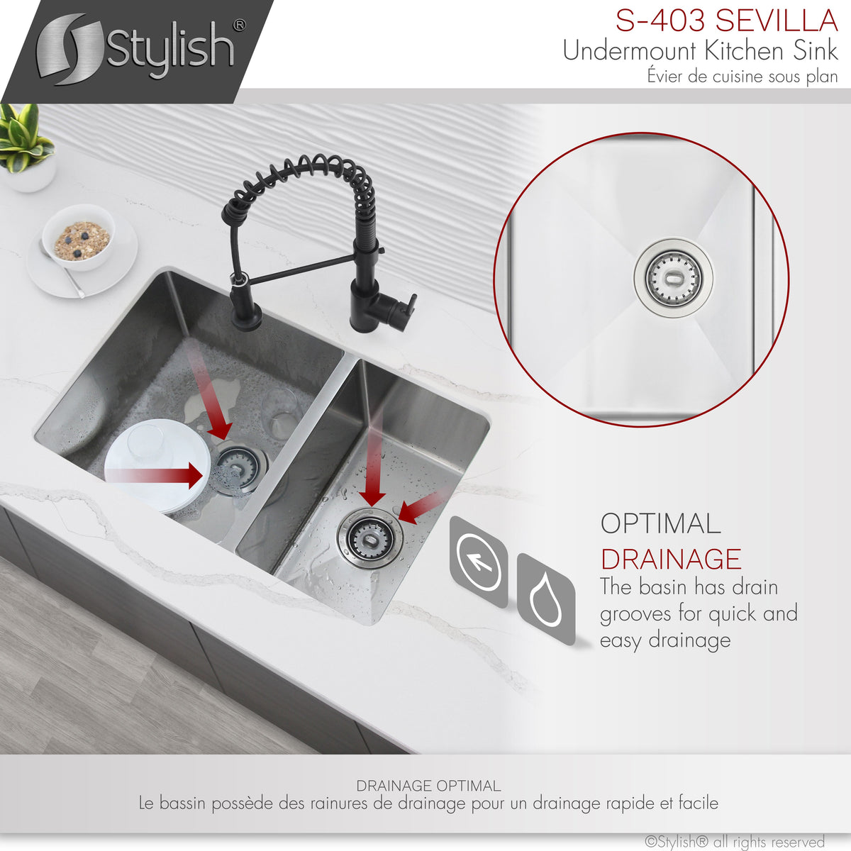 Stylish Sevilla 28" Undermount Double Bowl Kitchen Sink 18 Gauge Stainless Steel with Standard Strainers Set of Three S-403-3
