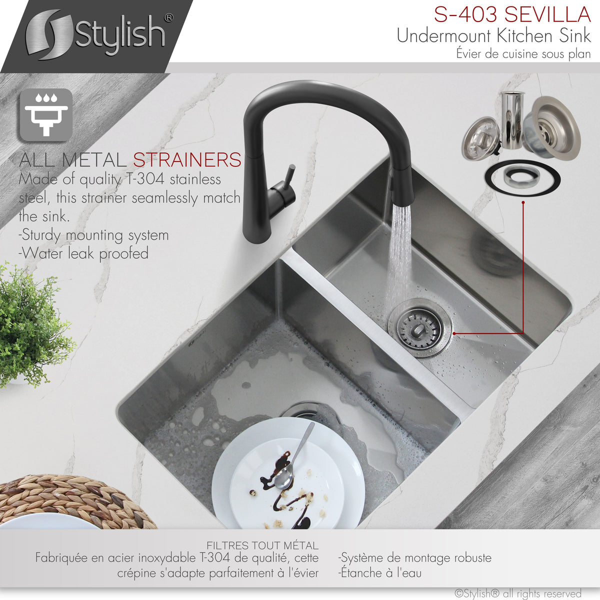 Stylish Sevilla 28" Undermount Double Bowl Kitchen Sink 18 Gauge Stainless Steel with Standard Strainers Set of Three S-403-3