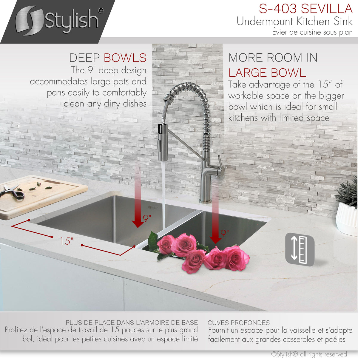 Stylish Sevilla 28" Undermount Double Bowl Kitchen Sink 18 Gauge Stainless Steel with Standard Strainers Set of Three S-403-3