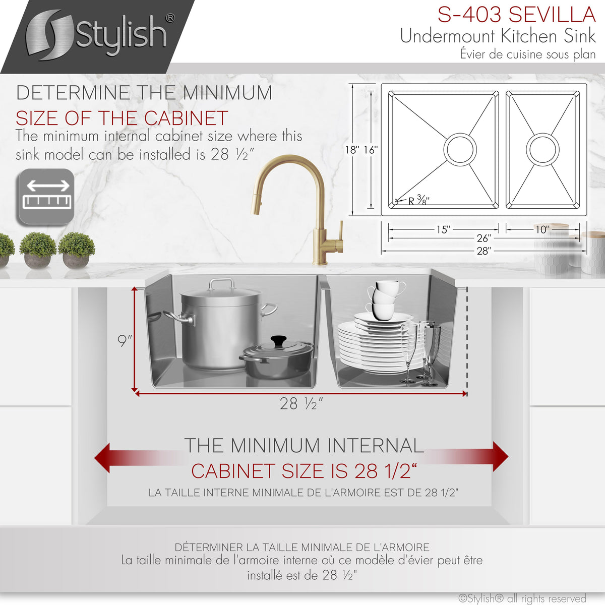 Stylish Sevilla 28" Undermount Double Bowl Kitchen Sink 18 Gauge Stainless Steel with Standard Strainers Set of Three S-403-3