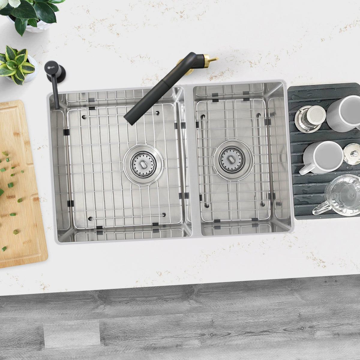 Stylish Sevilla 28" Undermount Double Bowl Kitchen Sink 18 Gauge Stainless Steel with Grids and Standard Strainers Set of Three S-403G-3