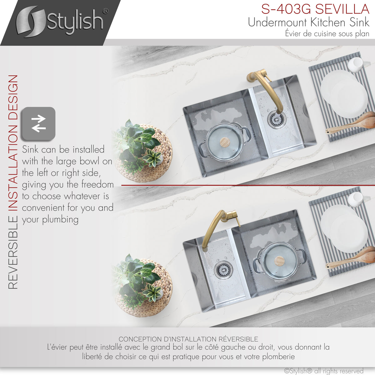 Stylish Sevilla 28" Undermount Double Bowl Kitchen Sink 18 Gauge Stainless Steel with Grids and Standard Strainers Set of Three S-403G-3