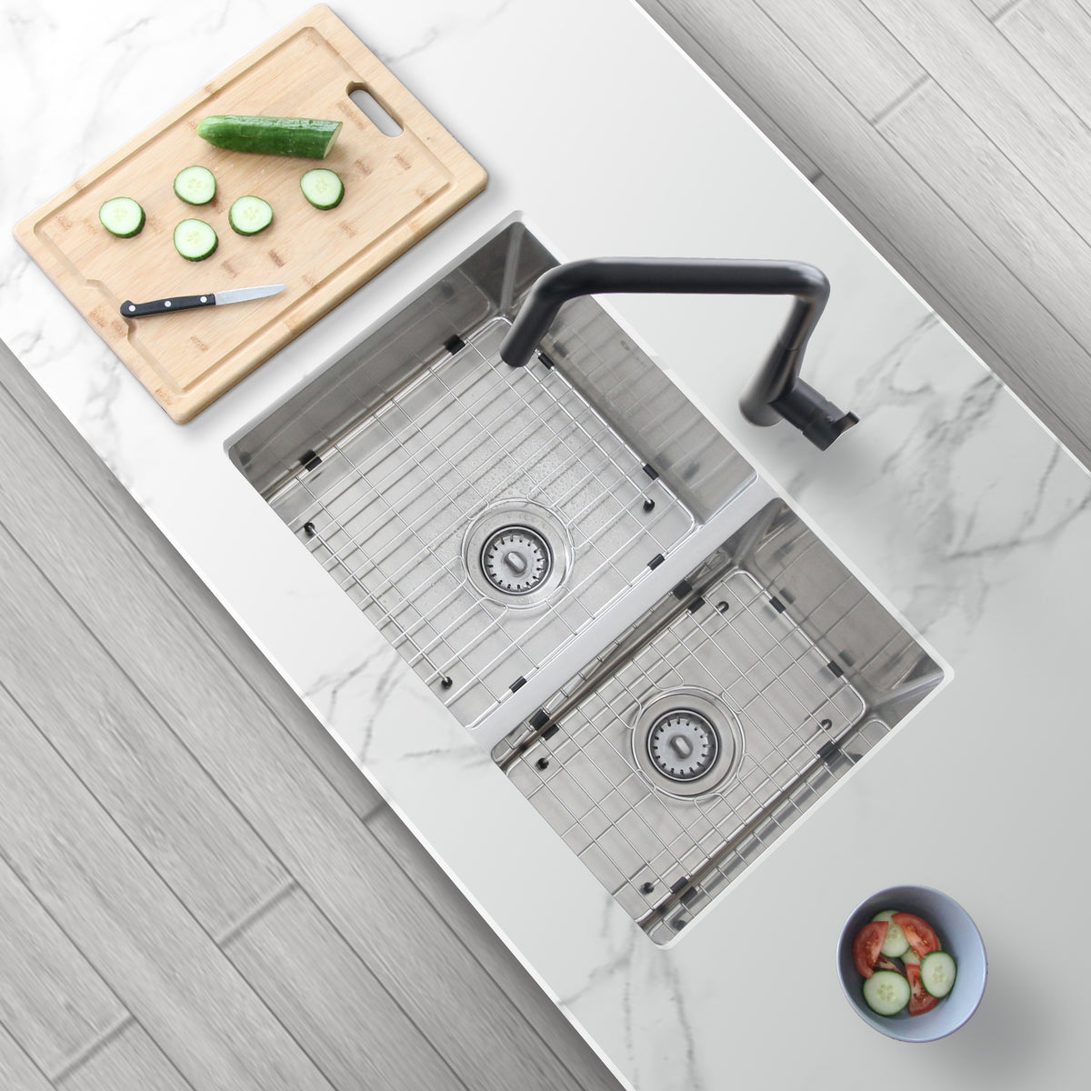 Stylish Sevilla 28" Undermount Double Bowl Kitchen Sink 18 Gauge Stainless Steel with Grids and Standard Strainers Set of Three S-403G-3