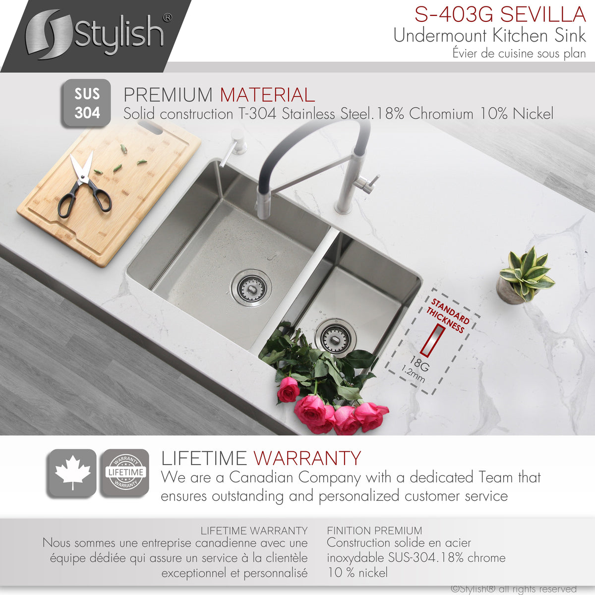 Stylish Sevilla 28" Undermount Double Bowl Kitchen Sink 18 Gauge Stainless Steel with Grids and Standard Strainers Set of Three S-403G-3
