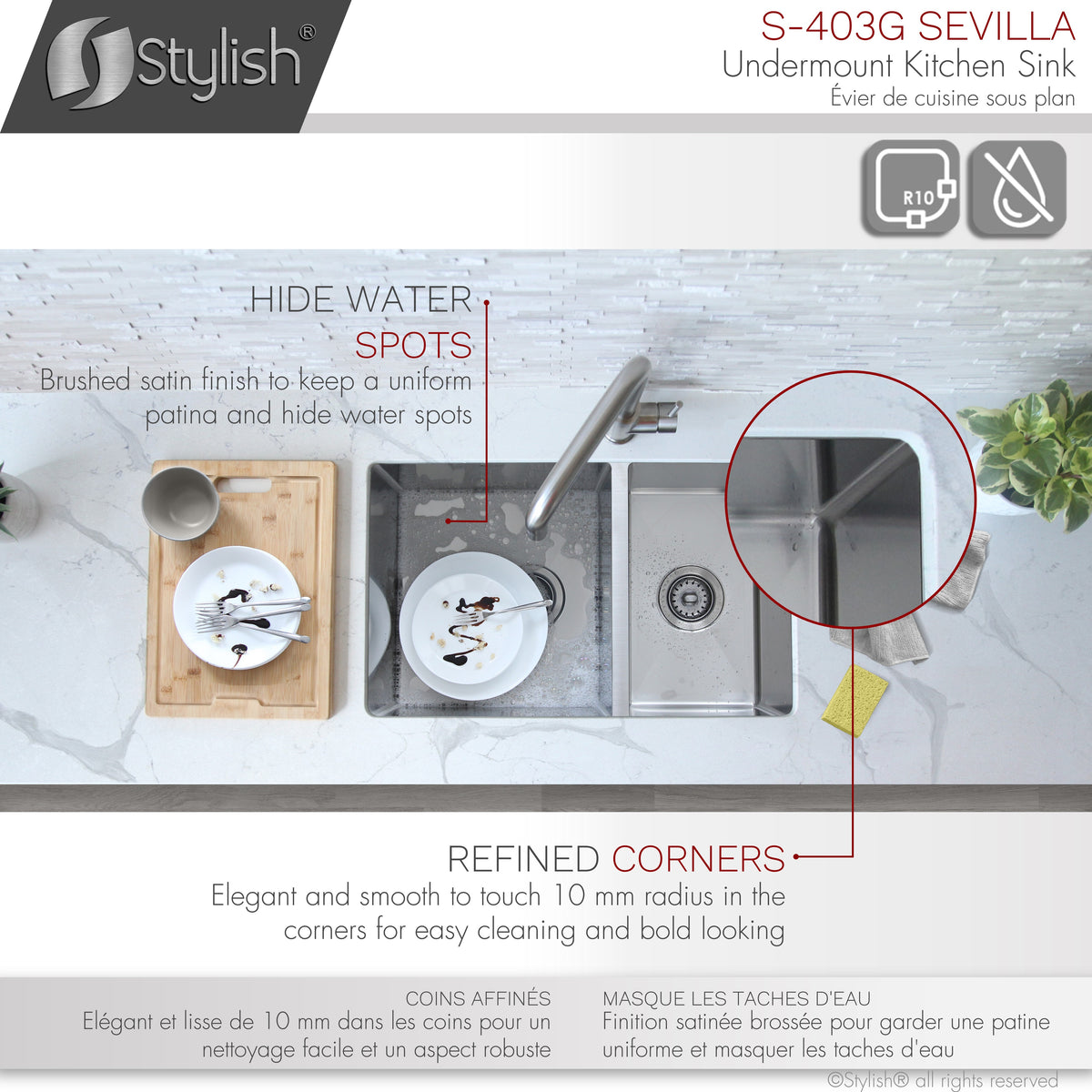 Stylish Sevilla 28" Undermount Double Bowl Kitchen Sink 18 Gauge Stainless Steel with Grids and Standard Strainers Set of Three S-403G-3