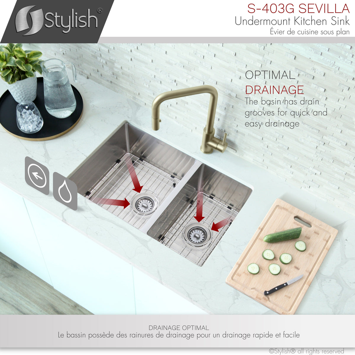 Stylish Sevilla 28" Undermount Double Bowl Kitchen Sink 18 Gauge Stainless Steel with Grids and Standard Strainers Set of Three S-403G-3