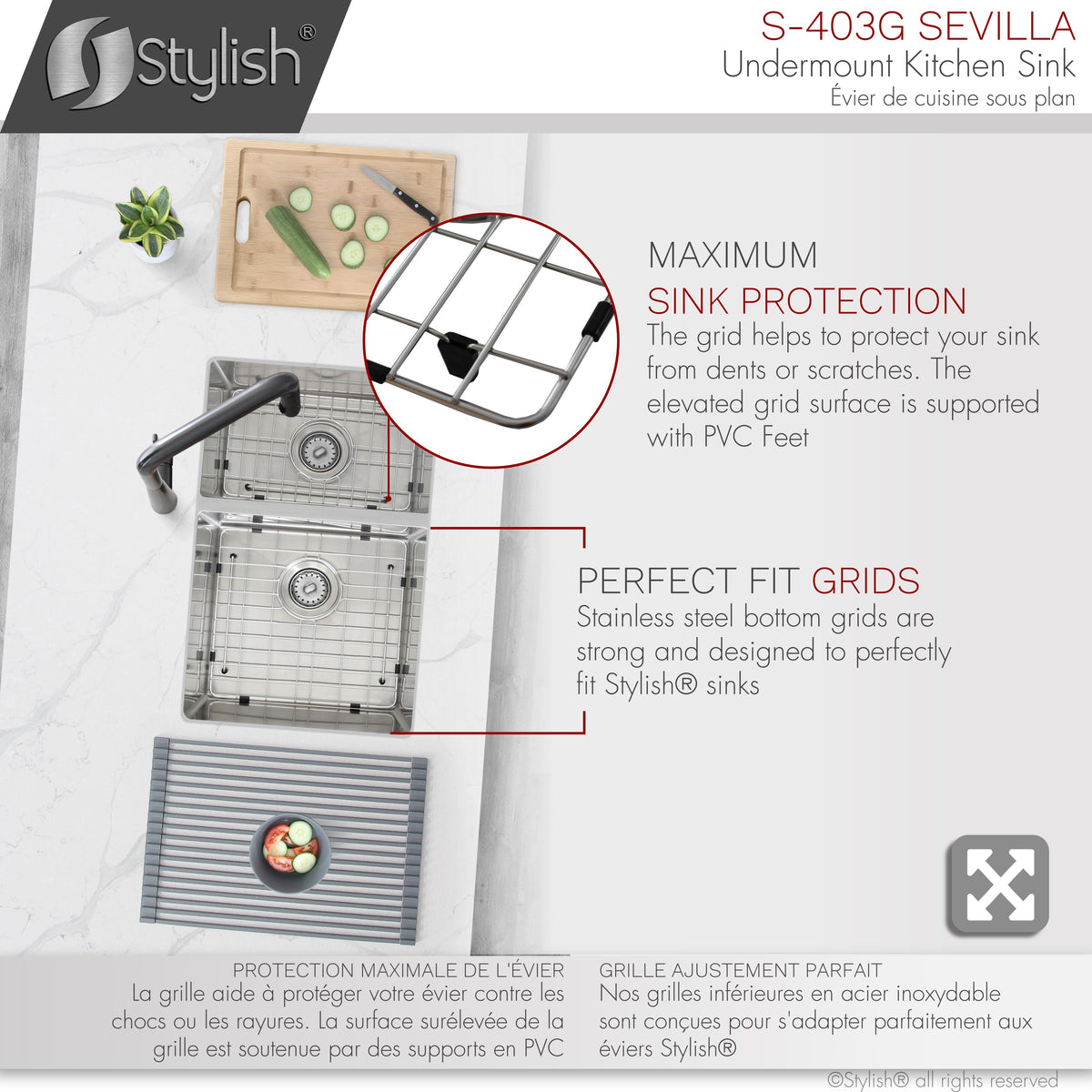 Stylish Sevilla 28" Undermount Double Bowl Kitchen Sink 18 Gauge Stainless Steel with Grids and Standard Strainers Set of Three S-403G-3