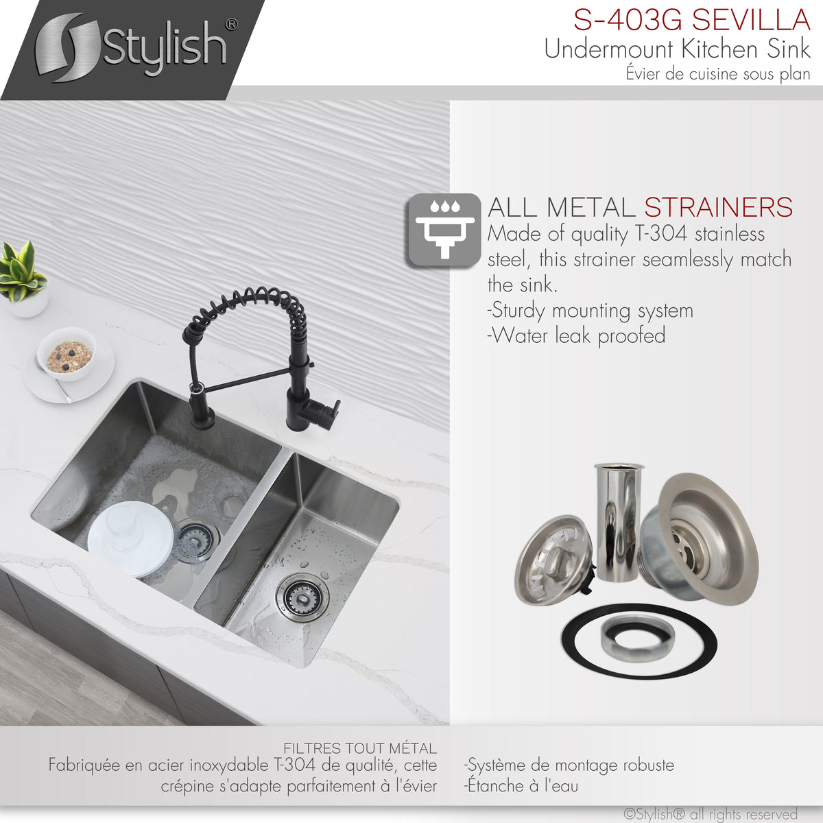 Stylish Sevilla 28" Undermount Double Bowl Kitchen Sink 18 Gauge Stainless Steel with Grids and Standard Strainers Set of Three S-403G-3