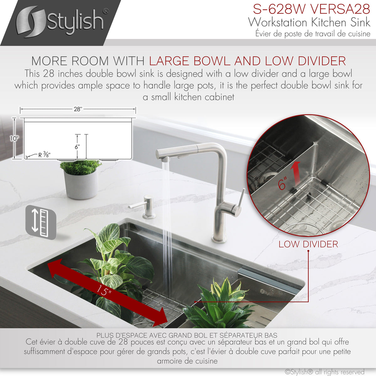 Stylish Versa 28" Workstation 60/40 Double Bowl Undermount 16 Gauge Stainless Steel Kitchen Sink with Accessories Included S-628W