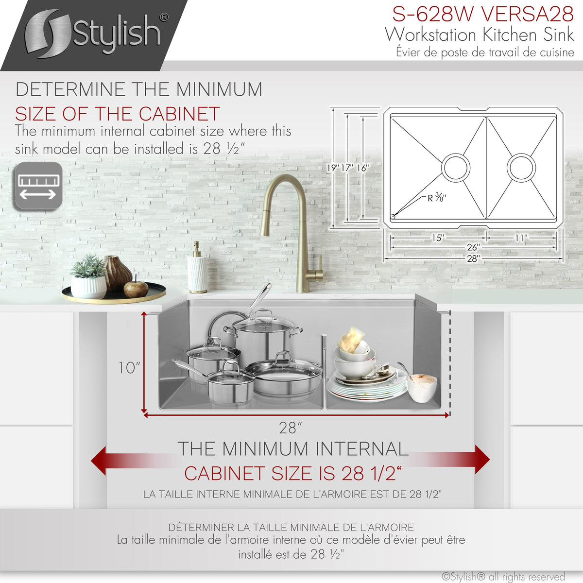 Stylish Versa 28" Workstation 60/40 Double Bowl Undermount 16 Gauge Stainless Steel Kitchen Sink with Accessories Included S-628W