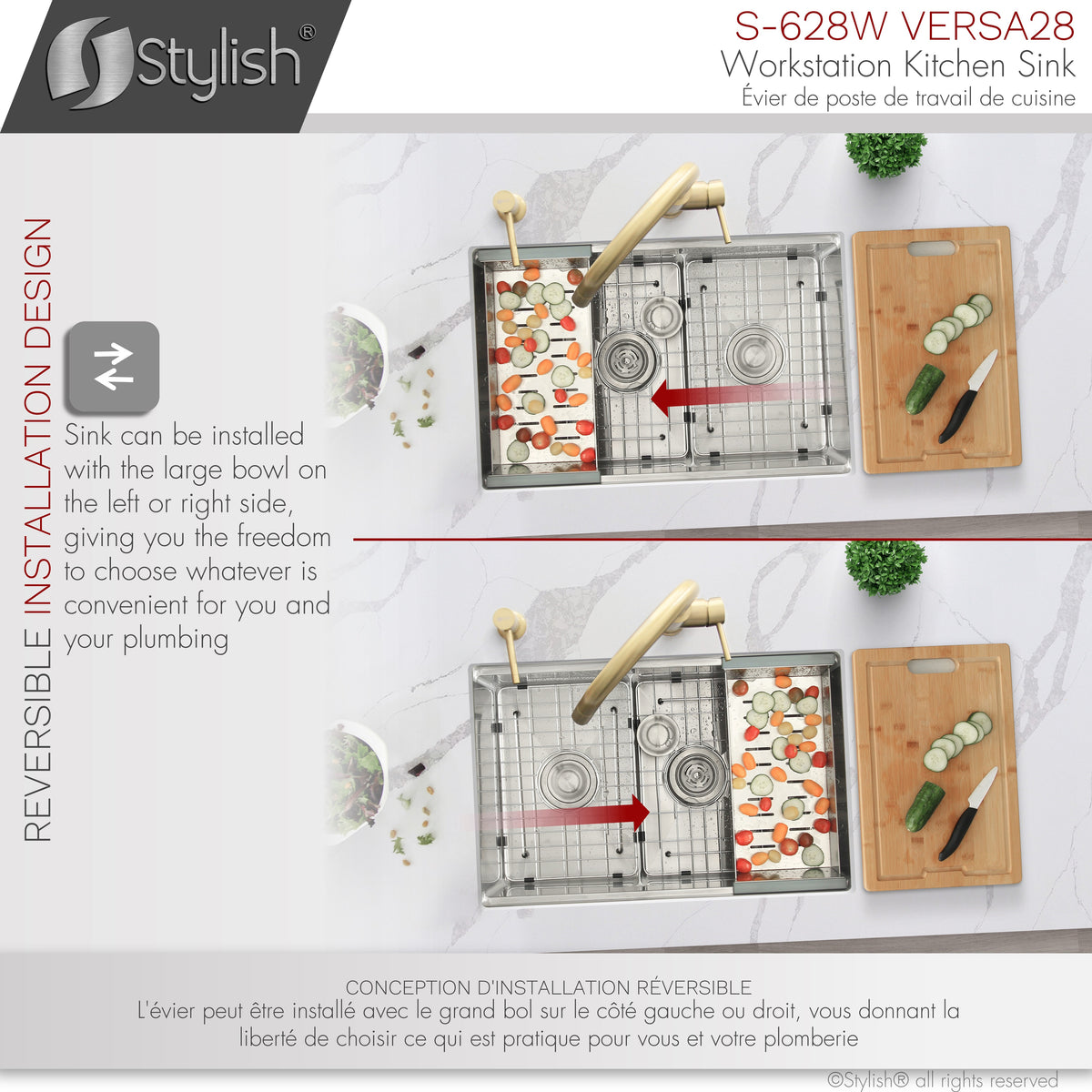 Stylish Versa 28" Workstation 60/40 Double Bowl Undermount 16 Gauge Stainless Steel Kitchen Sink with Accessories Included S-628W