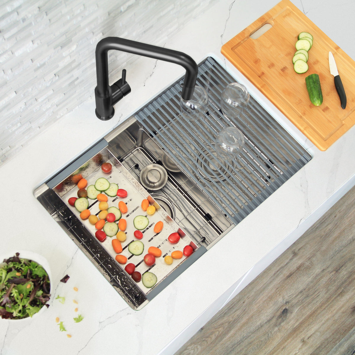 Stylish Versa 28" Workstation 60/40 Double Bowl Undermount 16 Gauge Stainless Steel Kitchen Sink with Accessories Included S-628W