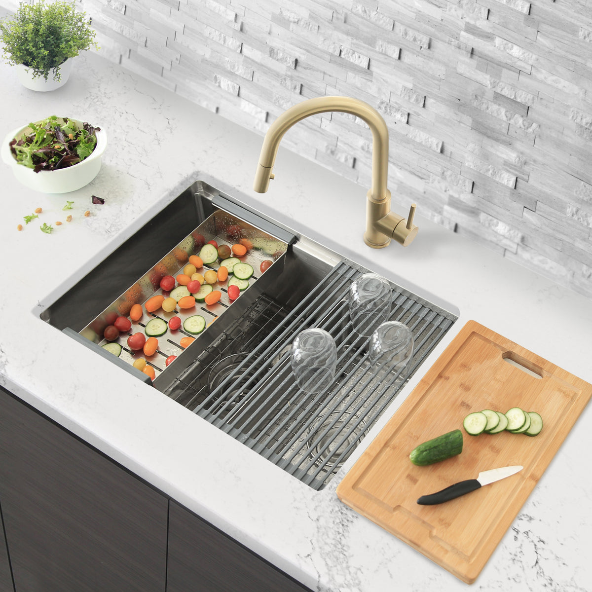 Stylish Versa 28" Workstation 60/40 Double Bowl Undermount 16 Gauge Stainless Steel Kitchen Sink with Accessories Included S-628W