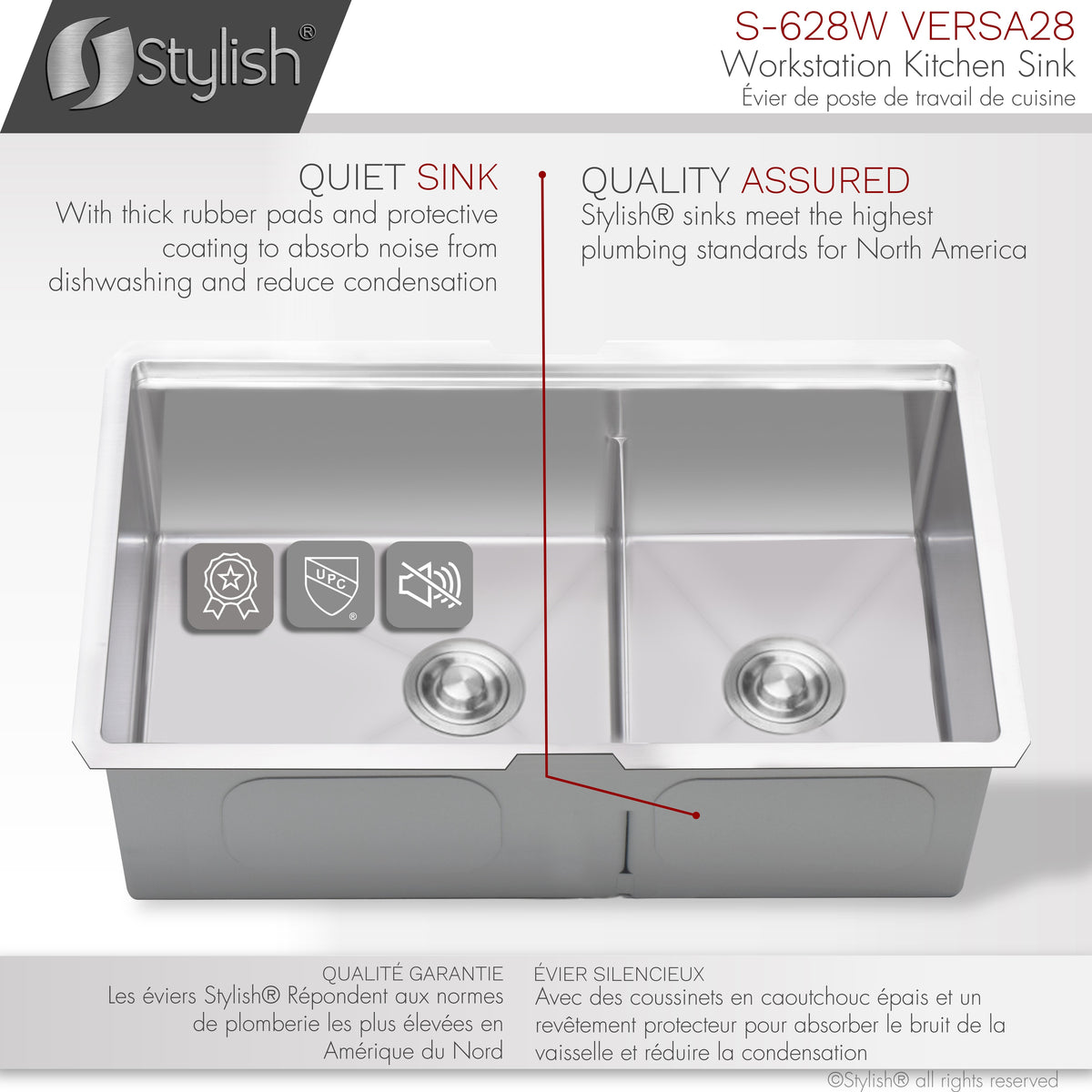 Stylish Versa 28" Workstation 60/40 Double Bowl Undermount 16 Gauge Stainless Steel Kitchen Sink with Accessories Included S-628W
