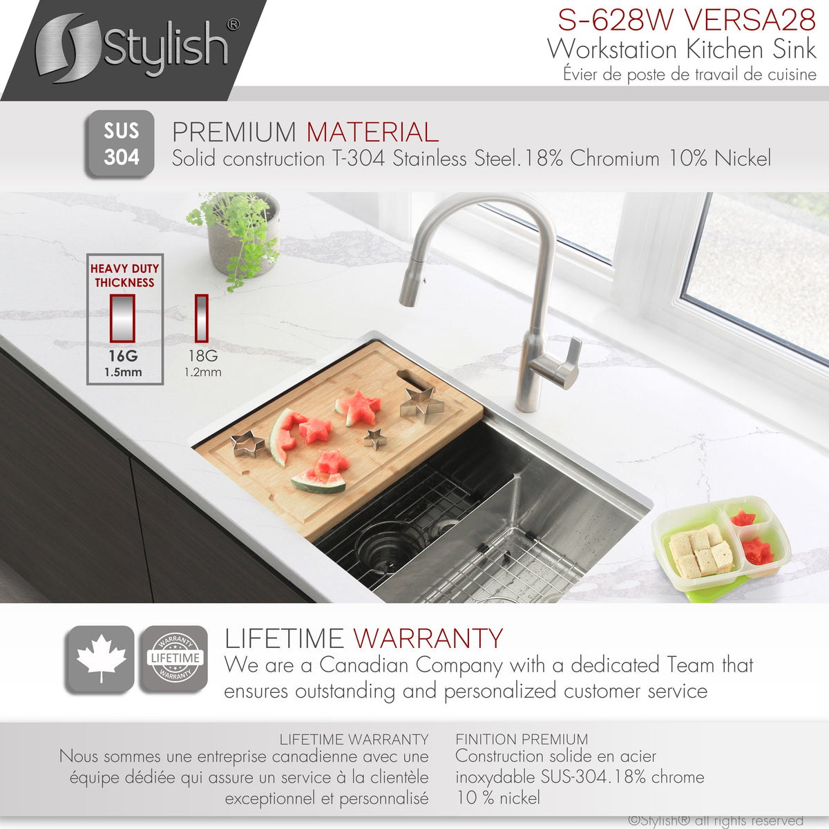 Stylish Versa 28" Workstation 60/40 Double Bowl Undermount 16 Gauge Stainless Steel Kitchen Sink with Accessories Included S-628W