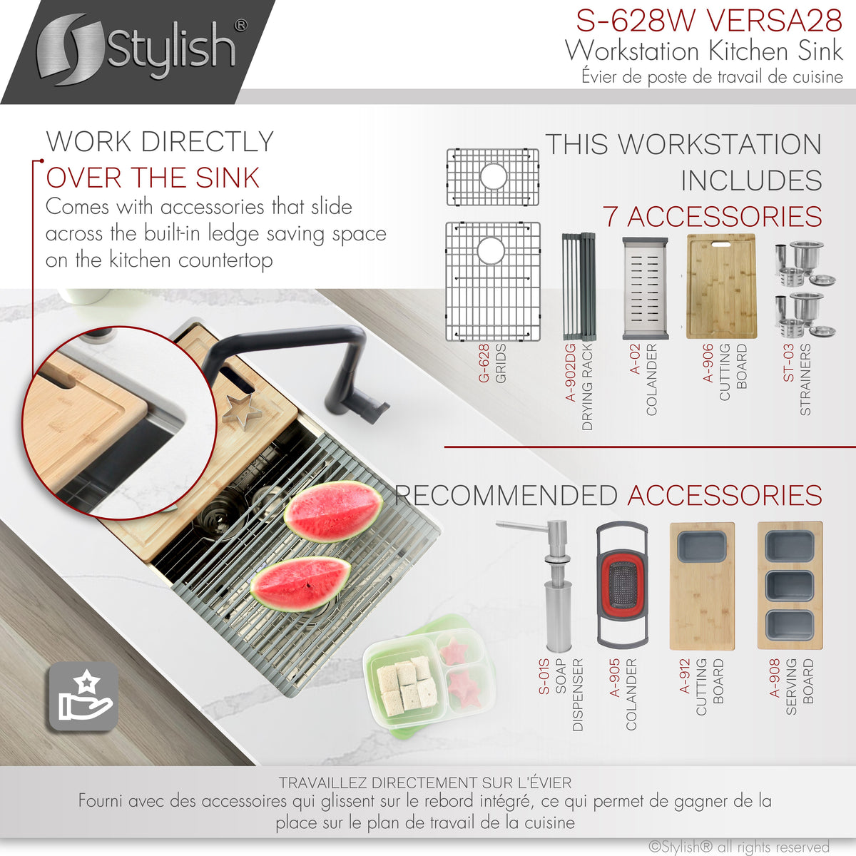 Stylish Versa 28" Workstation 60/40 Double Bowl Undermount 16 Gauge Stainless Steel Kitchen Sink with Accessories Included S-628W