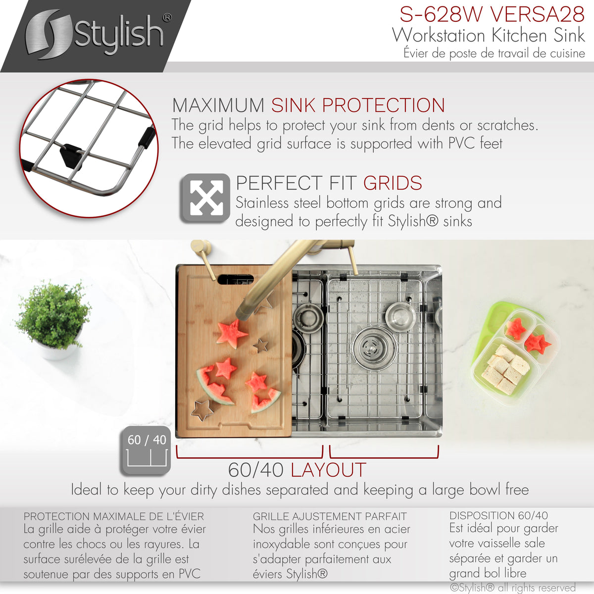 Stylish Versa 28" Workstation 60/40 Double Bowl Undermount 16 Gauge Stainless Steel Kitchen Sink with Accessories Included S-628W
