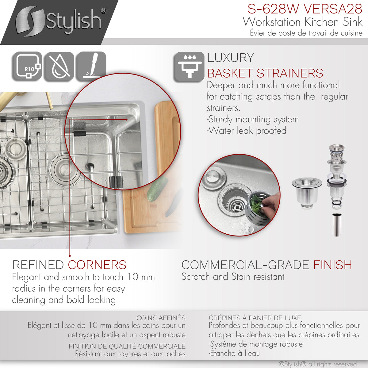 Stylish Versa 28" Workstation 60/40 Double Bowl Undermount 16 Gauge Stainless Steel Kitchen Sink with Accessories Included S-628W