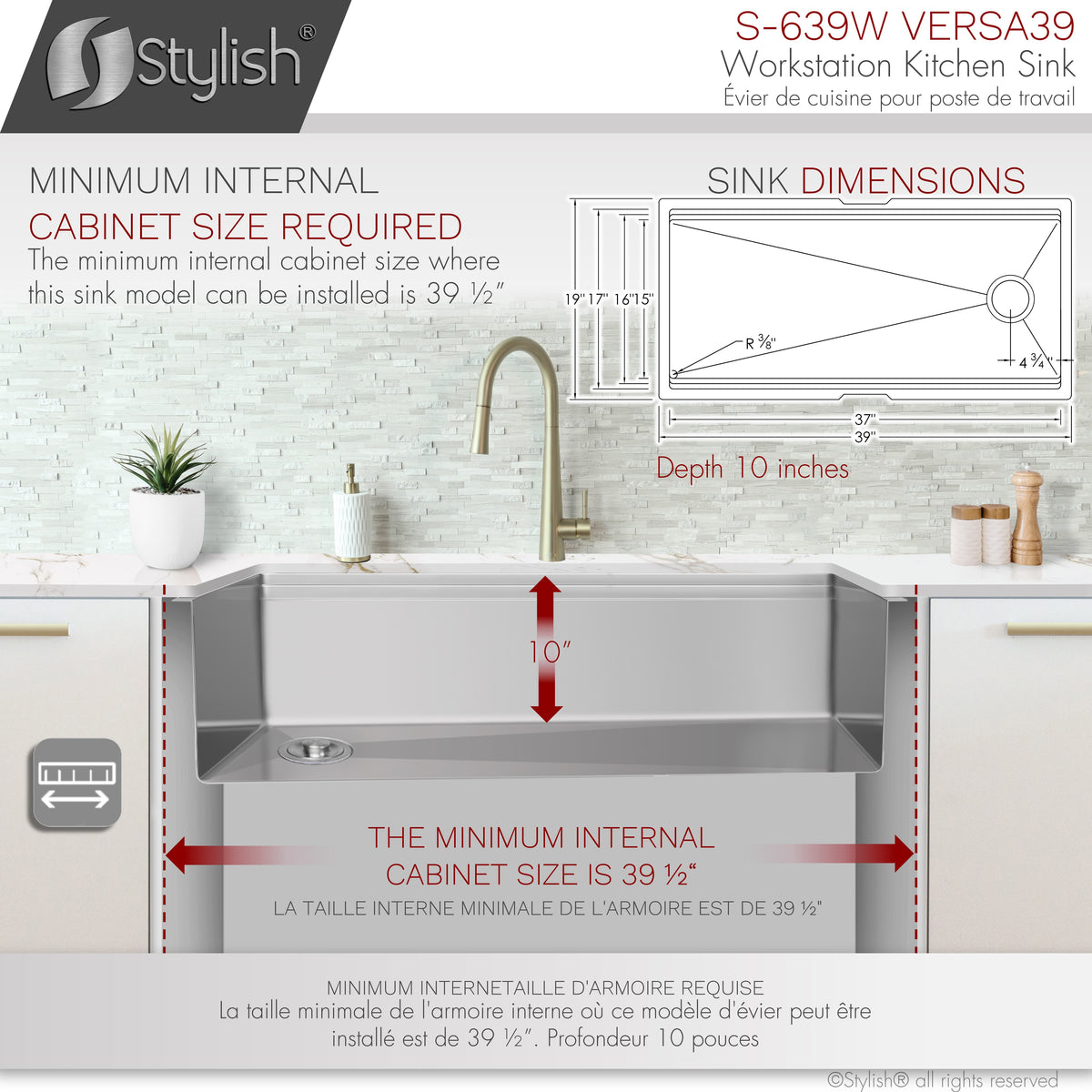 Stylish Versa 39" Ledge Workstation Single Bowl Undermount 16 Gauge Stainless Steel Kitchen Sink with Built in Accessories S-639W