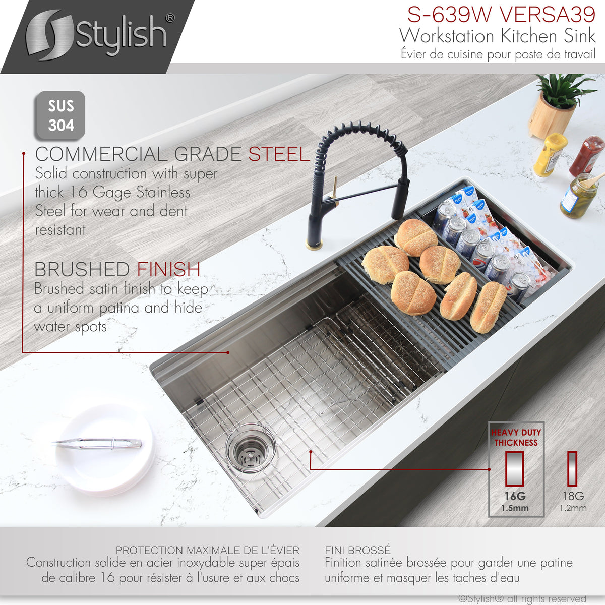 Stylish Versa 39" Ledge Workstation Single Bowl Undermount 16 Gauge Stainless Steel Kitchen Sink with Built in Accessories S-639W