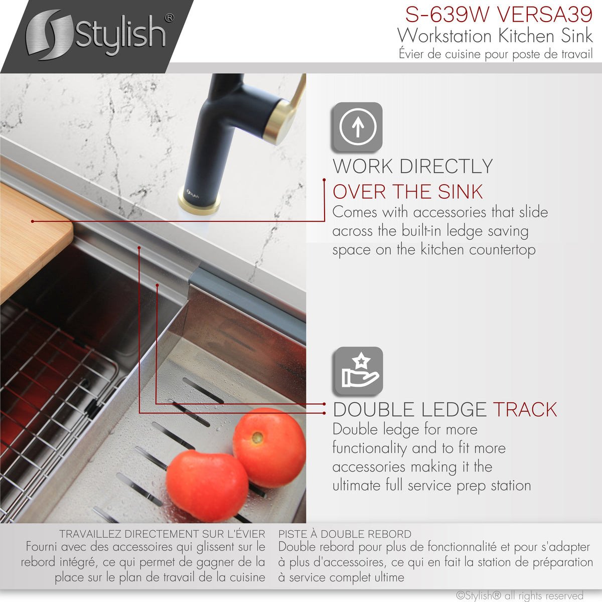 Stylish Versa 39" Ledge Workstation Single Bowl Undermount 16 Gauge Stainless Steel Kitchen Sink with Built in Accessories S-639W