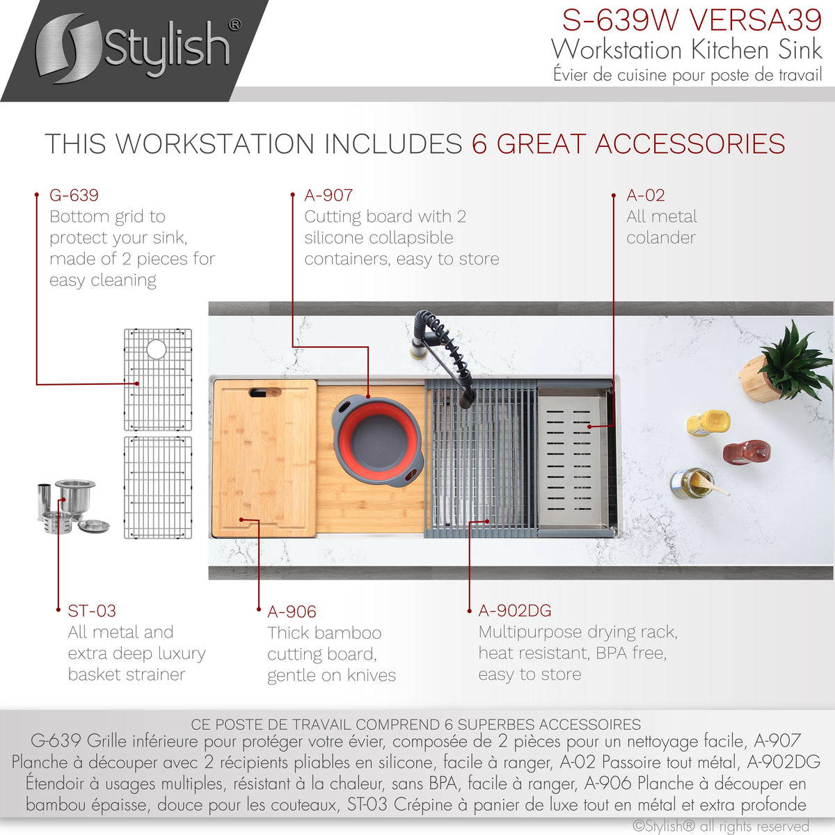 Stylish Versa 39" Ledge Workstation Single Bowl Undermount 16 Gauge Stainless Steel Kitchen Sink with Built in Accessories S-639W