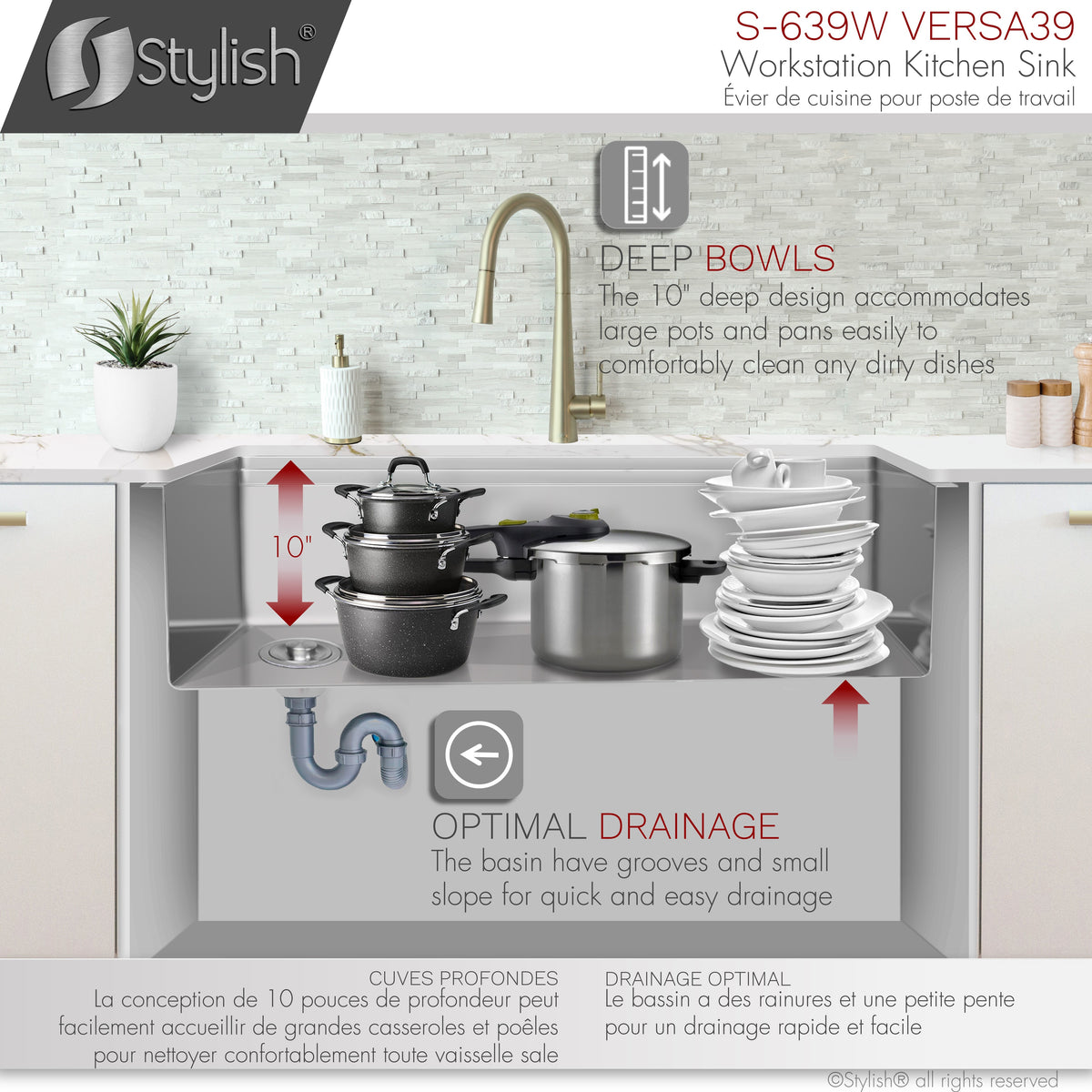 Stylish Versa 39" Ledge Workstation Single Bowl Undermount 16 Gauge Stainless Steel Kitchen Sink with Built in Accessories S-639W