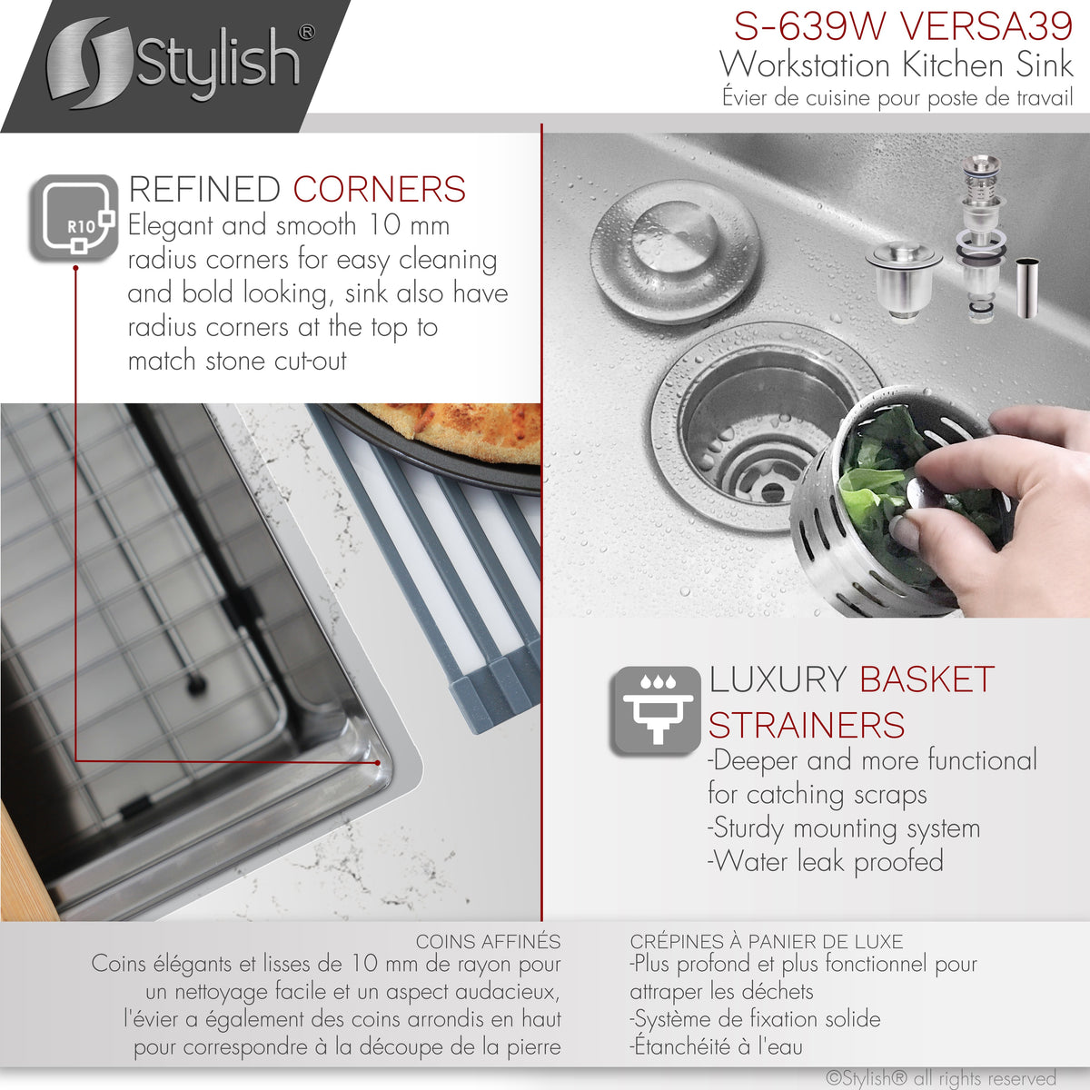 Stylish Versa 39" Ledge Workstation Single Bowl Undermount 16 Gauge Stainless Steel Kitchen Sink with Built in Accessories S-639W