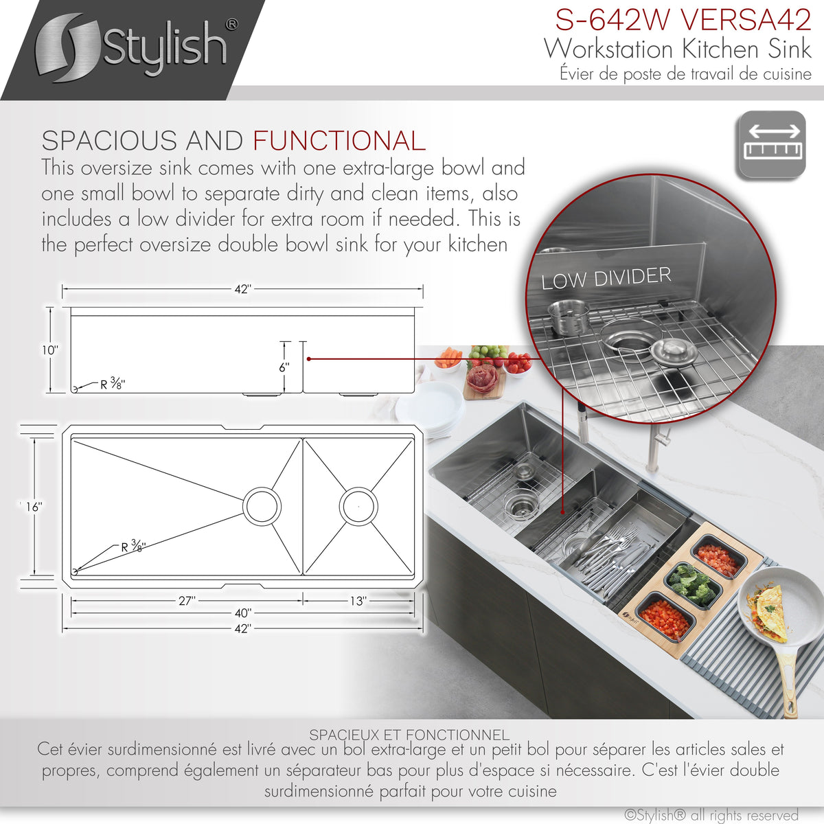 Stylish Versa 42" Workstation 70/30 Double Bowl Undermount 16 Gauge Stainless Steel Kitchen Sink with Accessories Included S-642W