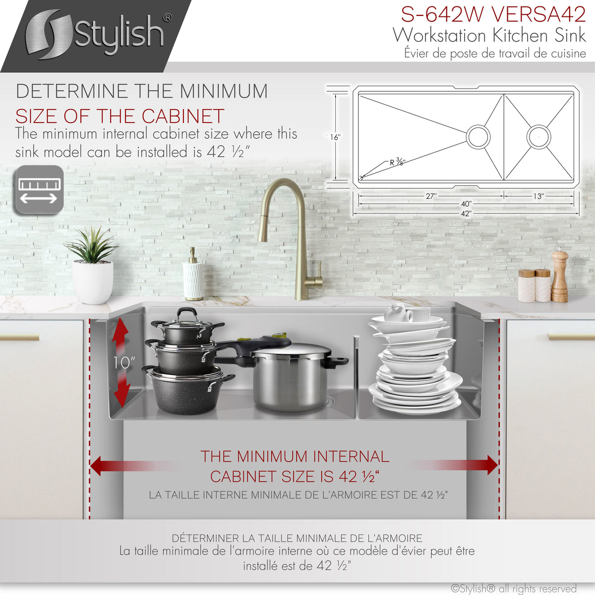 Stylish Versa 42" Workstation 70/30 Double Bowl Undermount 16 Gauge Stainless Steel Kitchen Sink with Accessories Included S-642W