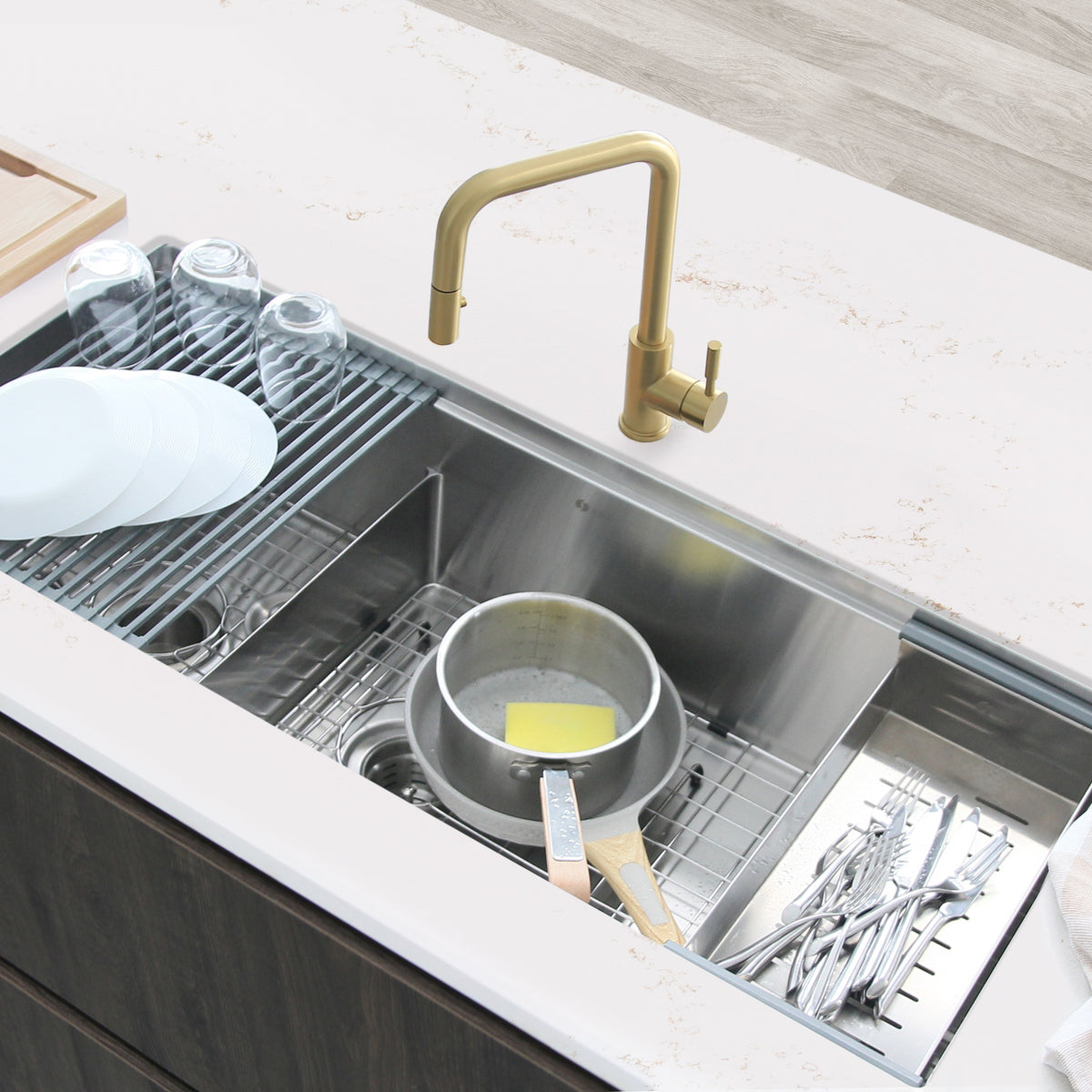 Stylish Versa 42" Workstation 70/30 Double Bowl Undermount 16 Gauge Stainless Steel Kitchen Sink with Accessories Included S-642W
