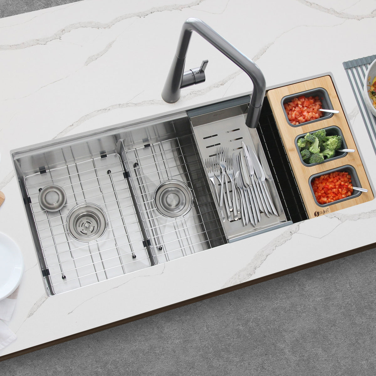 Stylish Versa 42" Workstation 70/30 Double Bowl Undermount 16 Gauge Stainless Steel Kitchen Sink with Accessories Included S-642W