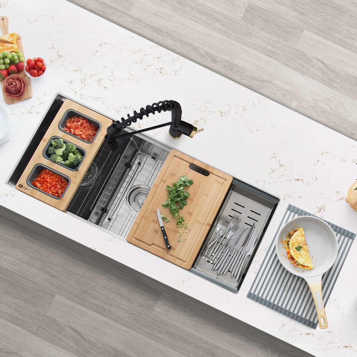 Stylish Versa 42" Workstation 70/30 Double Bowl Undermount 16 Gauge Stainless Steel Kitchen Sink with Accessories Included S-642W