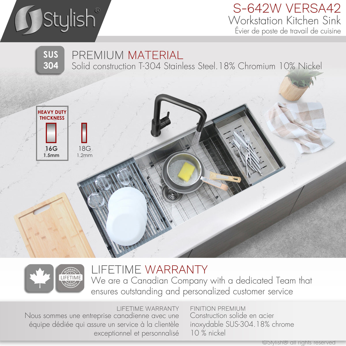 Stylish Versa 42" Workstation 70/30 Double Bowl Undermount 16 Gauge Stainless Steel Kitchen Sink with Accessories Included S-642W