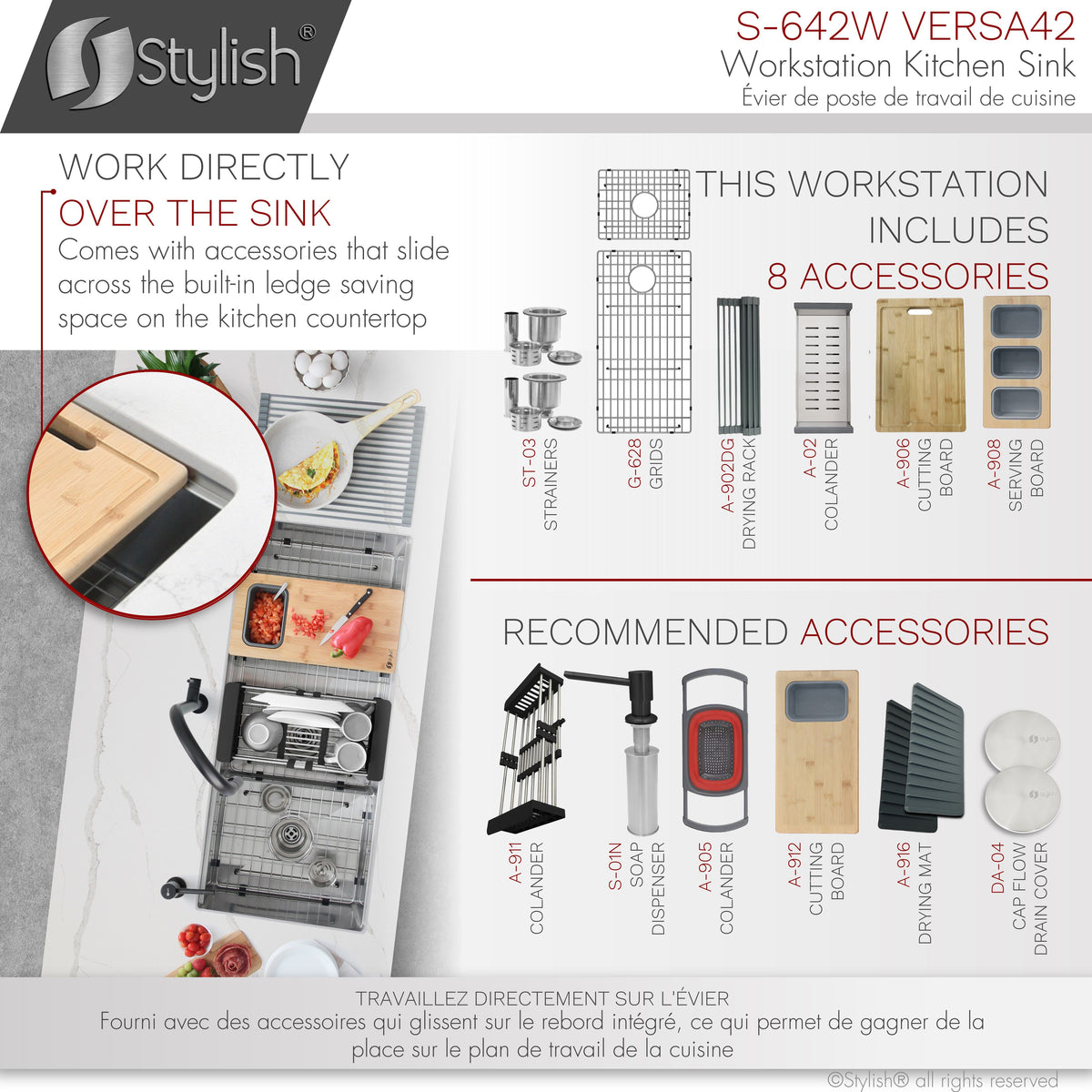 Stylish Versa 42" Workstation 70/30 Double Bowl Undermount 16 Gauge Stainless Steel Kitchen Sink with Accessories Included S-642W