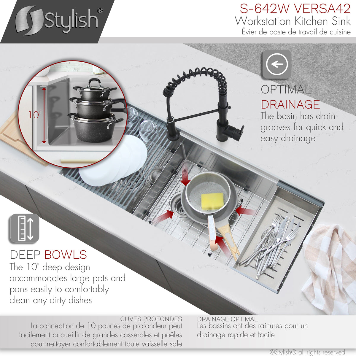 Stylish Versa 42" Workstation 70/30 Double Bowl Undermount 16 Gauge Stainless Steel Kitchen Sink with Accessories Included S-642W