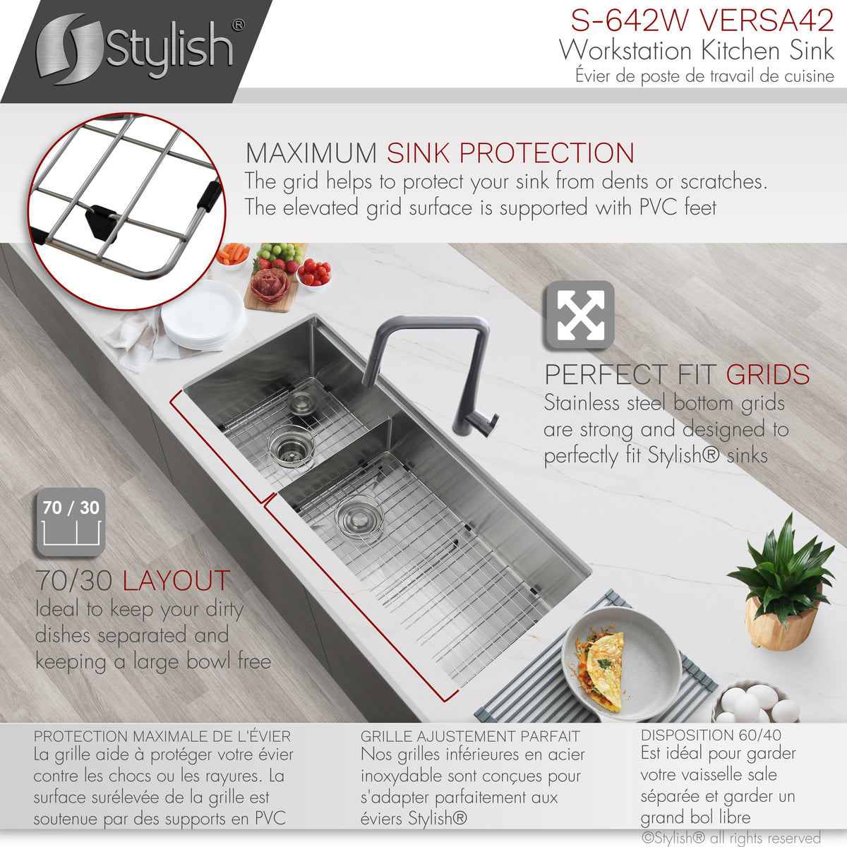 Stylish Versa 42" Workstation 70/30 Double Bowl Undermount 16 Gauge Stainless Steel Kitchen Sink with Accessories Included S-642W