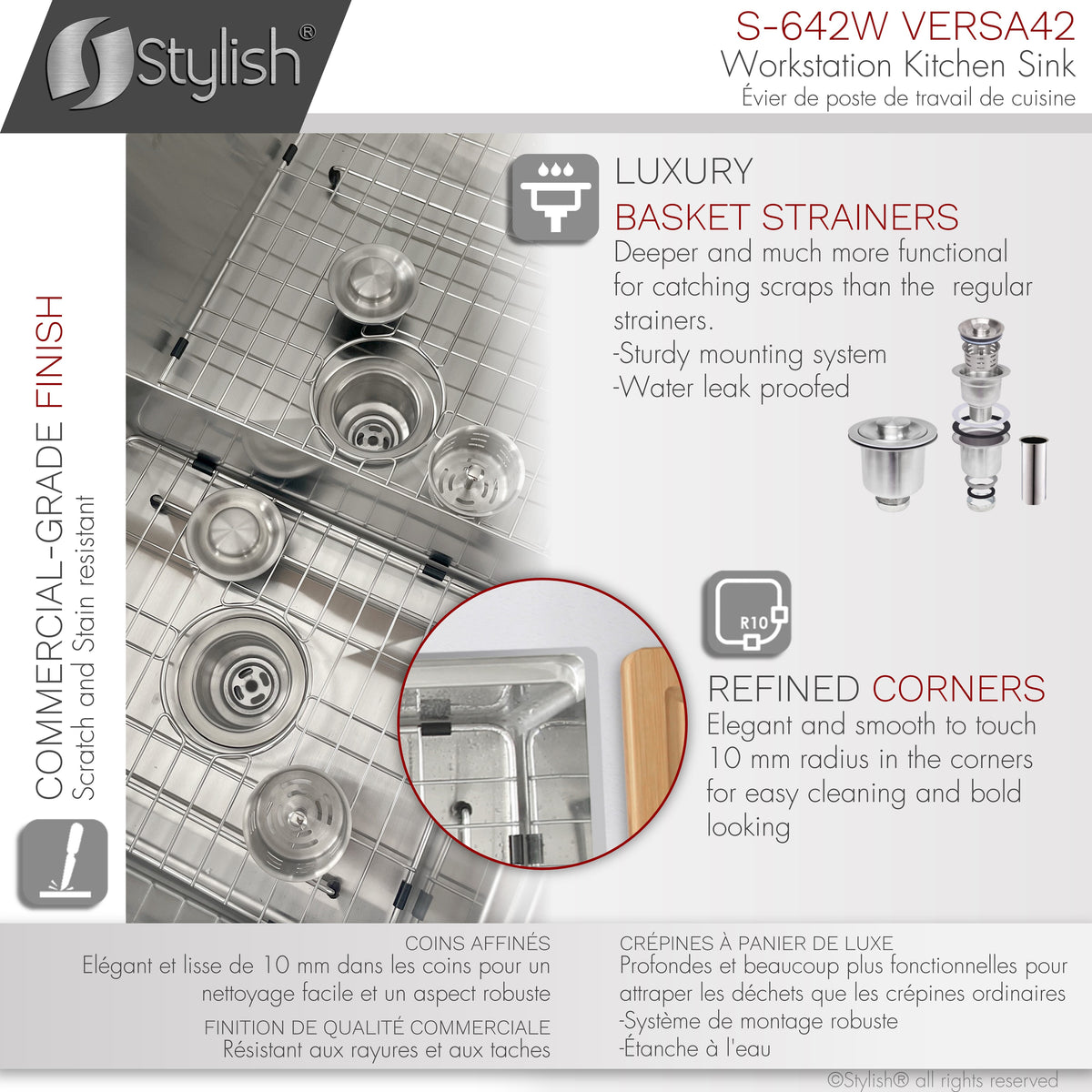 Stylish Versa 42" Workstation 70/30 Double Bowl Undermount 16 Gauge Stainless Steel Kitchen Sink with Accessories Included S-642W