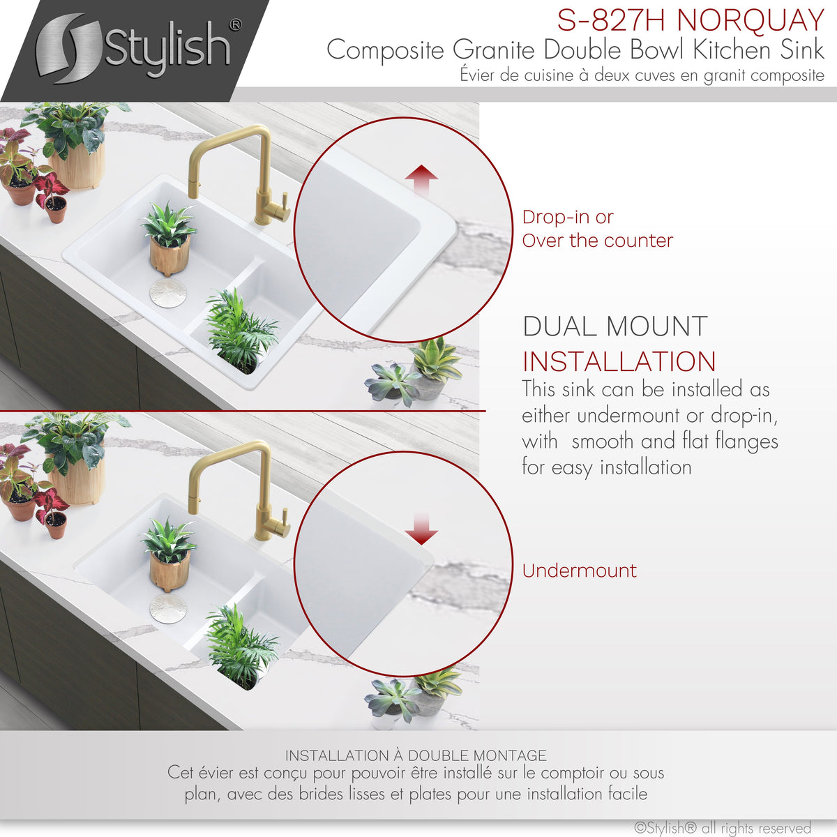 Stylish Norquay 27" Dual Mount 60/40 Double Bowl White Composite Granite Kitchen Sink with Strainer S-827H
