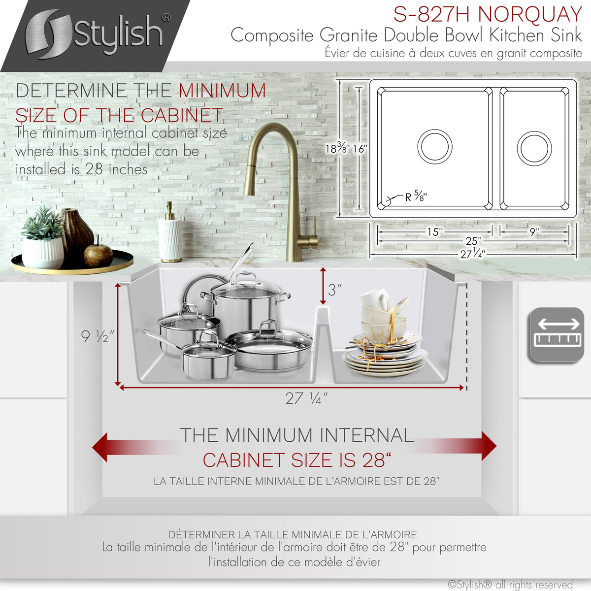 Stylish Norquay 27" Dual Mount 60/40 Double Bowl White Composite Granite Kitchen Sink with Strainer S-827H