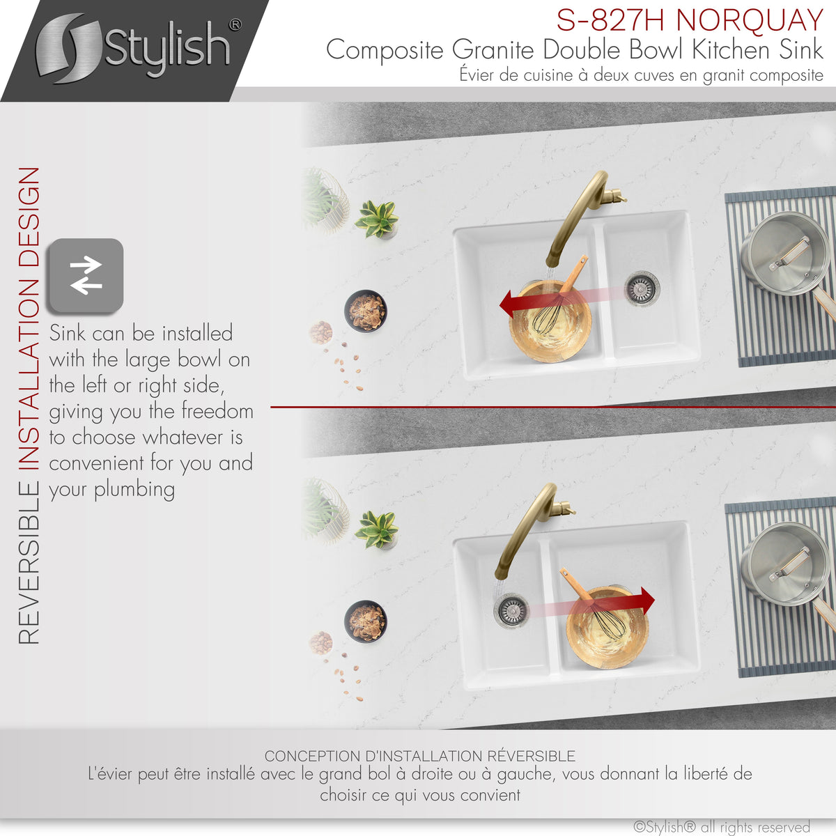 Stylish Norquay 27" Dual Mount 60/40 Double Bowl White Composite Granite Kitchen Sink with Strainer S-827H