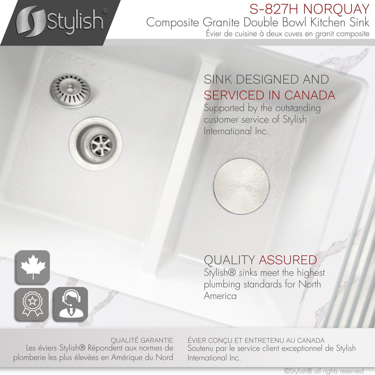 Stylish Norquay 27" Dual Mount 60/40 Double Bowl White Composite Granite Kitchen Sink with Strainer S-827H