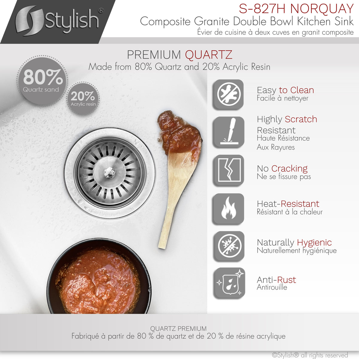 Stylish Norquay 27" Dual Mount 60/40 Double Bowl White Composite Granite Kitchen Sink with Strainer S-827H