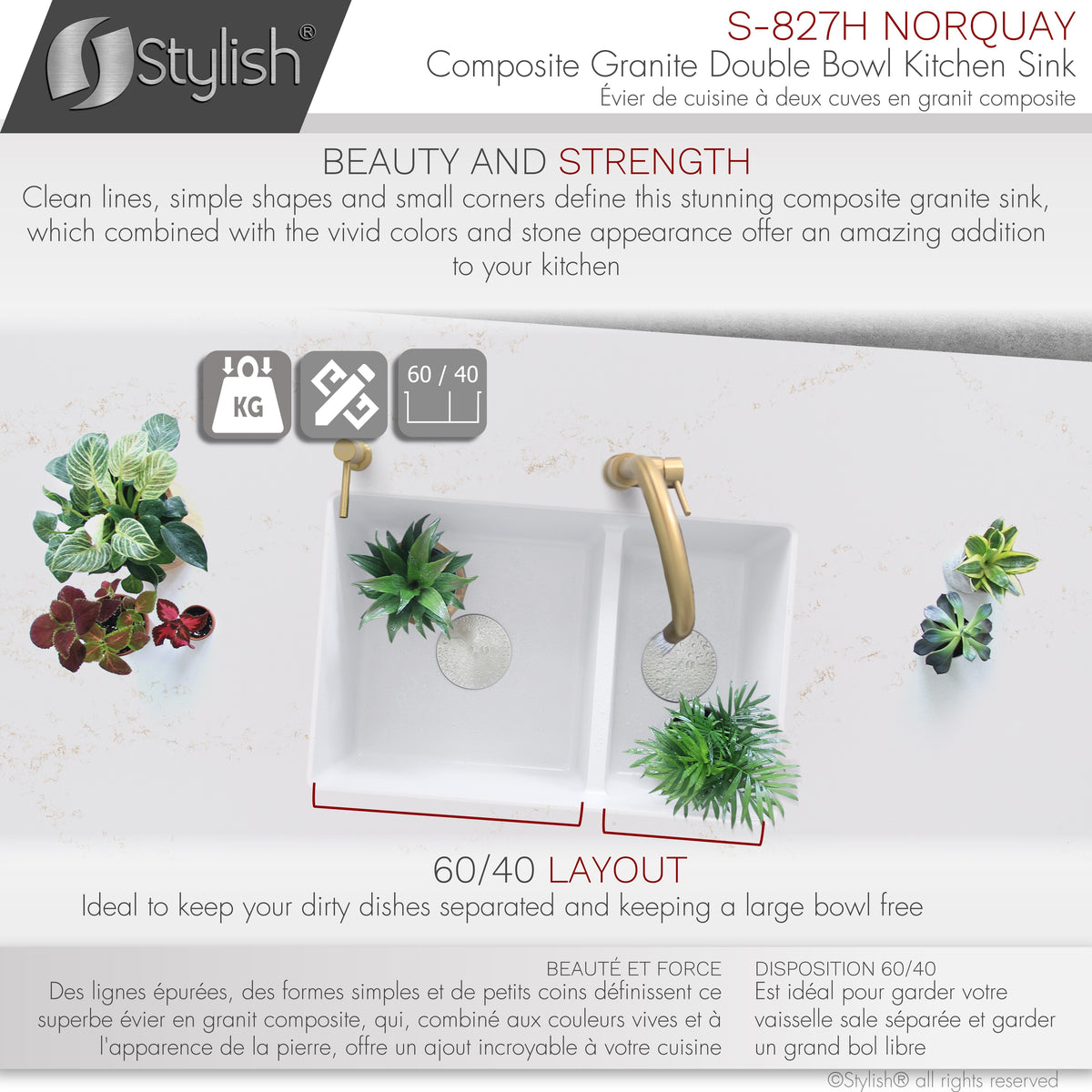 Stylish Norquay 27" Dual Mount 60/40 Double Bowl White Composite Granite Kitchen Sink with Strainer S-827H