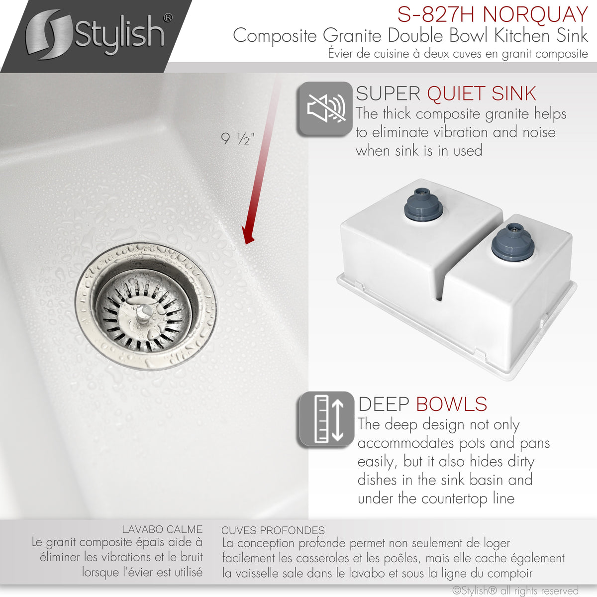 Stylish Norquay 27" Dual Mount 60/40 Double Bowl White Composite Granite Kitchen Sink with Strainer S-827H
