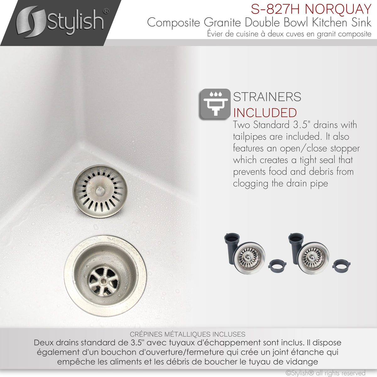 Stylish Norquay 27" Dual Mount 60/40 Double Bowl White Composite Granite Kitchen Sink with Strainer S-827H