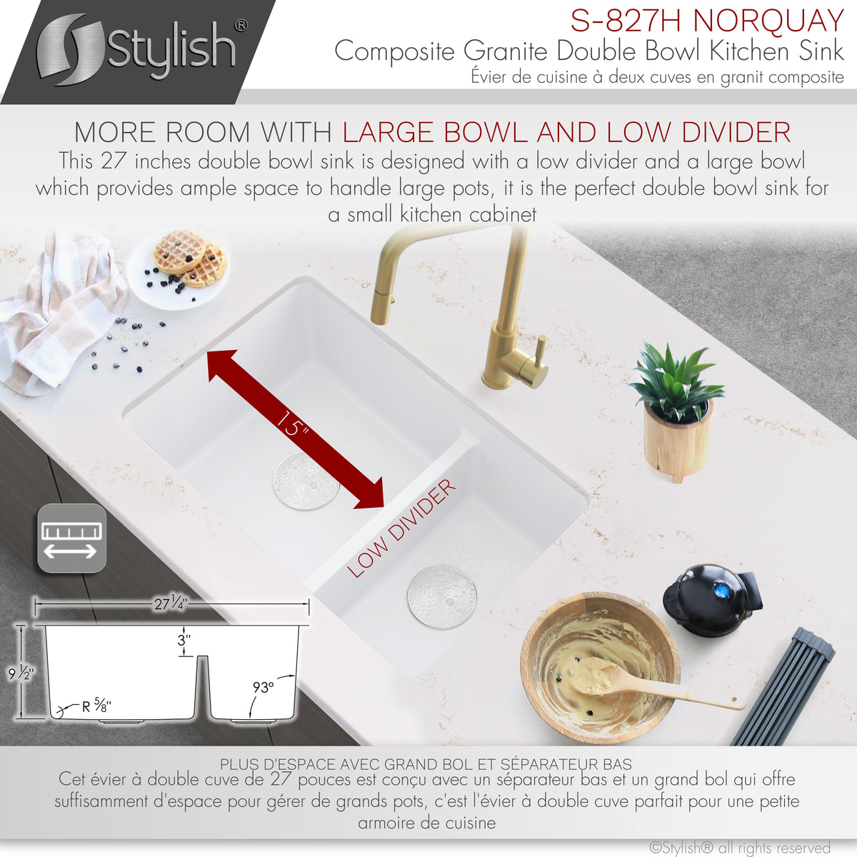 Stylish Norquay 27" Dual Mount 60/40 Double Bowl White Composite Granite Kitchen Sink with Strainer S-827H