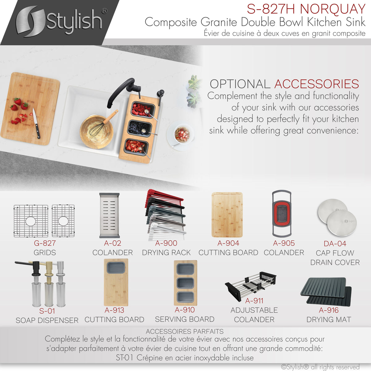 Stylish Norquay 27" Dual Mount 60/40 Double Bowl White Composite Granite Kitchen Sink with Strainer S-827H